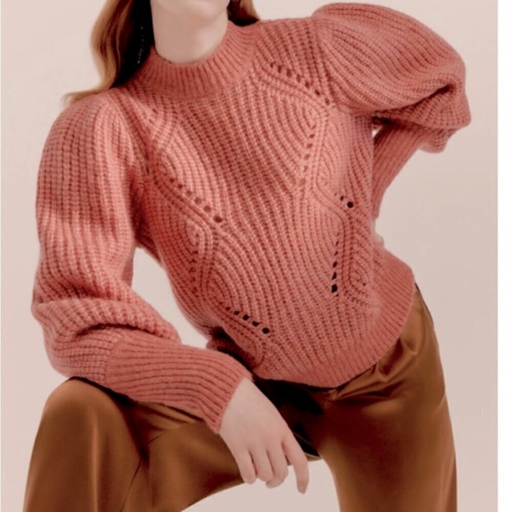 Cuyana Pink Alpaca Wool Blend Balloon Sleeve Open Knit Sweater XS